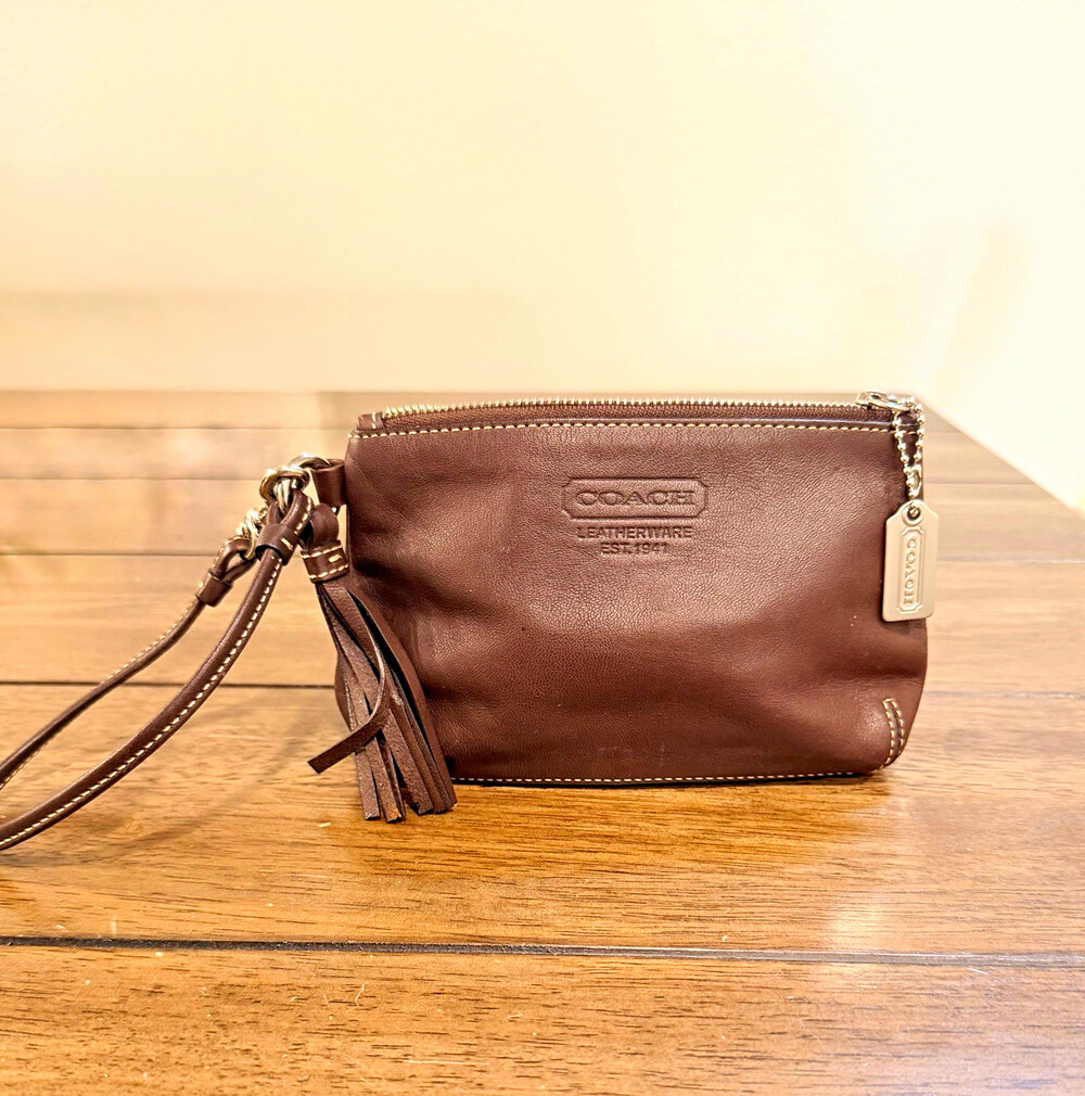 Vintage Y2K Coach Brown Leather Pouch Wristlet Bag w/ Tassel & Silver Hardware